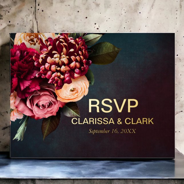 Bold Moody Red Floral Foil RSVP Wedding Postcard (Creator Uploaded)