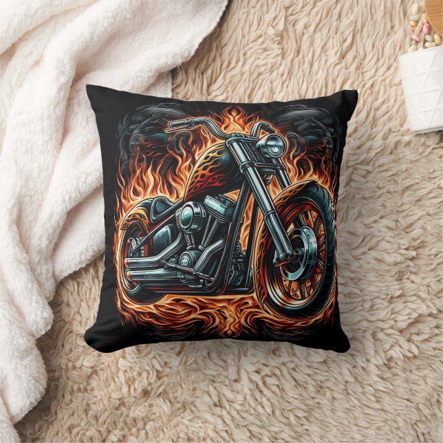 Bold motorcycle engulfed in vibrant flames at dusk cushion (Blanket)