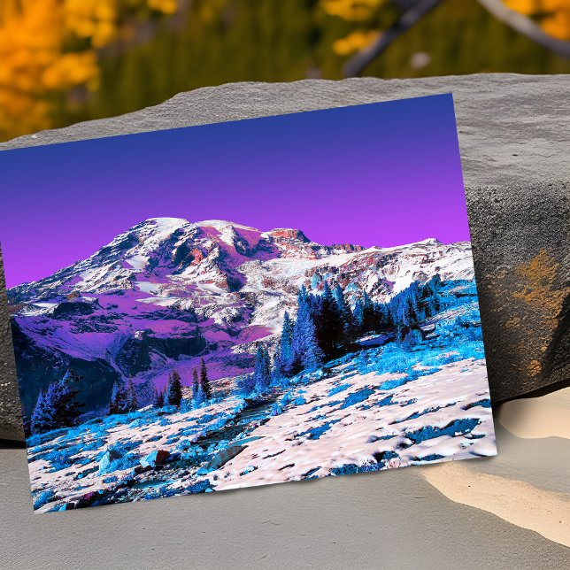 Bold Mount Rainier Washington State Mountain Photo Card (Neon surreal mount Rainier greeting card pink purple blue)