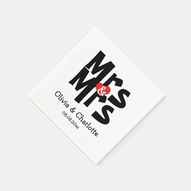Bold Mrs and Mrs Modern Lesbian Wedding Napkin (Corner)