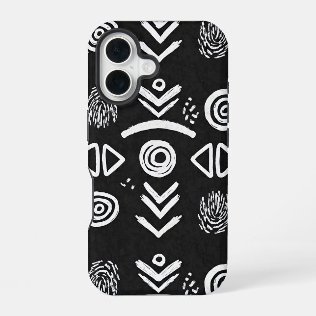 Bold Mud Cloth – Black & White Pattern iPhone 16 Case (Back)