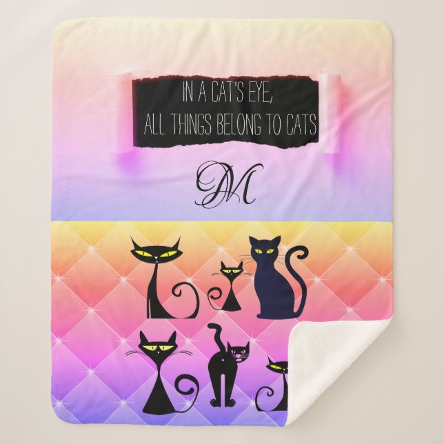 Bold Multicolored  Modern Retro Cat Lover Sherpa Blanket (Front)