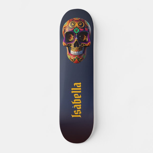 Bold Multicolored Sugar Skull  Skateboard (Front)
