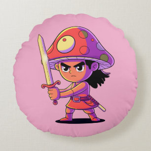 Bold Mushroom Fighter Cartoon Character Design Round Cushion