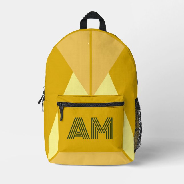 Bold Mustard and Charcoal Geometric Monogram  Printed Backpack (Front)