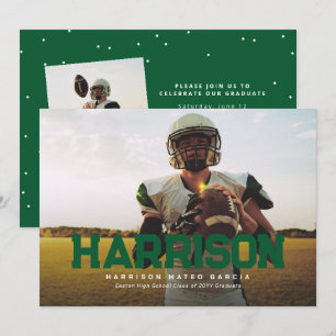 Bold name graduate athlete photo green graduation invitation