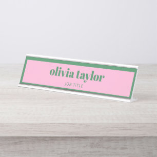 Bold Name Pink and Green Preppy Modern Office Desk Name Plate