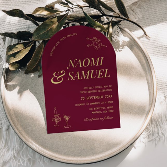 Bold Names Arch Burgundy Chartreuse Wedding Invitation (Creator Uploaded)