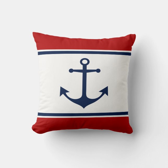 Bold Nautical Anchor – Red, White & Navy Coastal Cushion (Front)