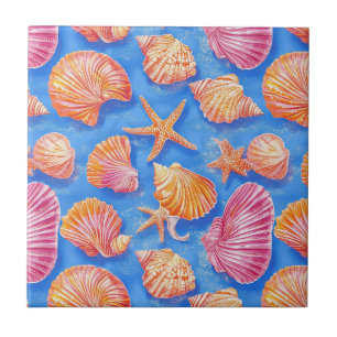 Bold Nautical Shell Starfish Orange Magenta Blue Ceramic Tile