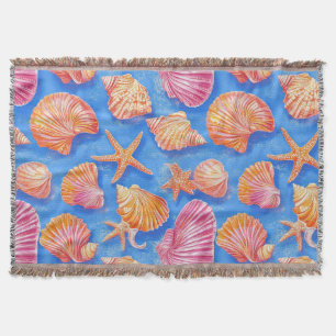 Bold Nautical Shell Starfish Orange Magenta Blue Throw Blanket
