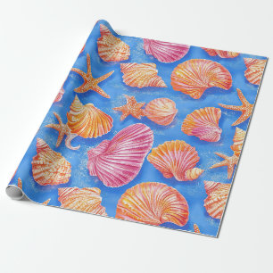 Bold Nautical Shell Starfish Orange Magenta Blue Wrapping Paper