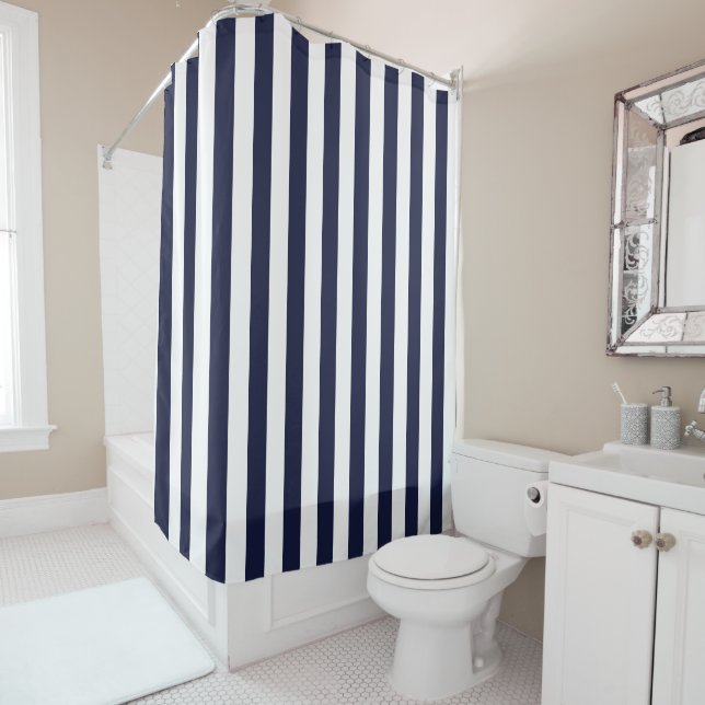 Bold Navy and White Simple Striped  Shower Curtain (In Situ)