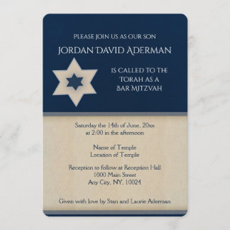 Bold navy blue and tan Bar Mitzvah invitation