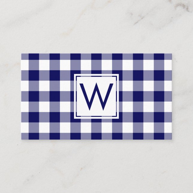 Bold Navy Blue Buffalo Plaid Pattern Monogram Business Card (Front)