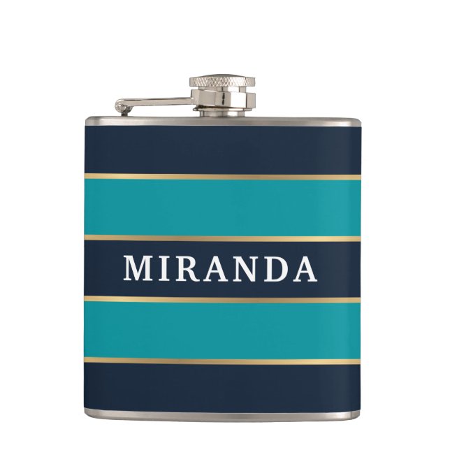 Bold Navy Blue Gold Stripe Pattern Hip Flask (Front)