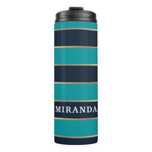 Bold Navy Blue Gold Stripe Pattern Thermal Tumbler
