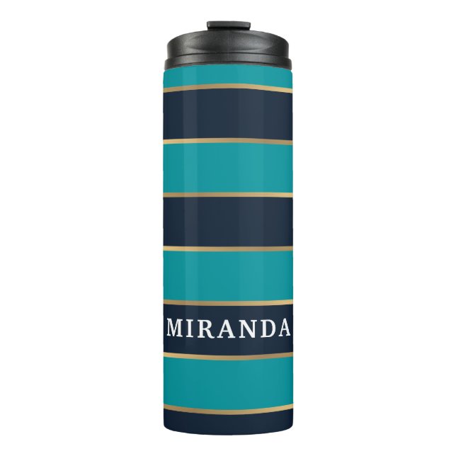 Bold Navy Blue Gold Stripe Pattern Thermal Tumbler (Front)