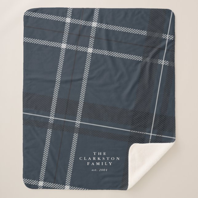Bold navy blue plaid personalised family sherpa blanket (Front)