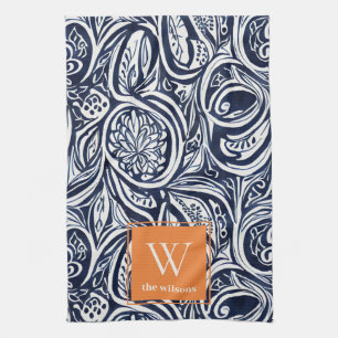 Bold Navy Rust Abstract Classy Botanical Monogram Tea Towel