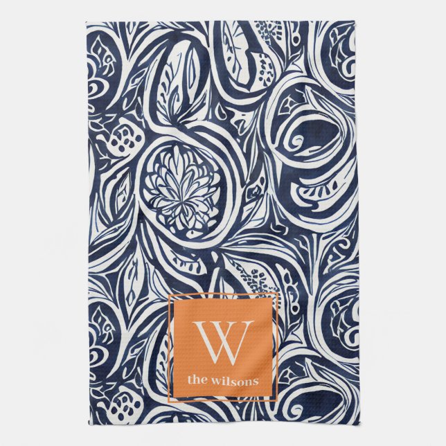 Bold Navy Rust Abstract Classy Botanical Monogram Tea Towel (Vertical)
