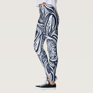 Bold Navy Rust Abstract Classy Botanical Pattern Leggings