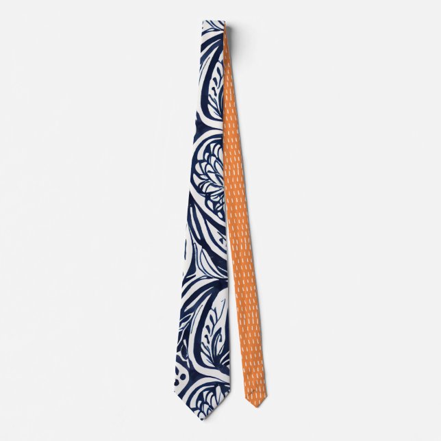 Bold Navy Rust Abstract Classy Botanical Pattern Tie (Front)