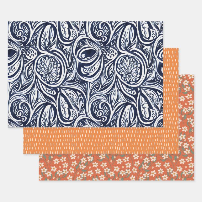 Bold Navy Rust Abstract Classy Botanical Pattern Wrapping Paper Sheet (Set)