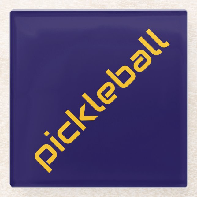 Bold Navy Sleek Bold Yellow Diagonal PICKLEBALL Glass Coaster (Front)