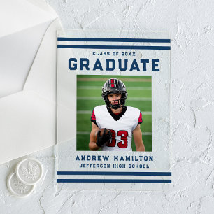 Bold Navy Stripes Athletic Photo Graduation Acrylic Invitations