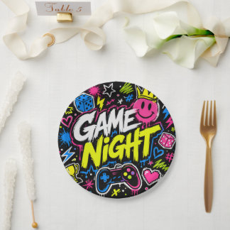 Bold Neon Graffiti Game Night Party Plate