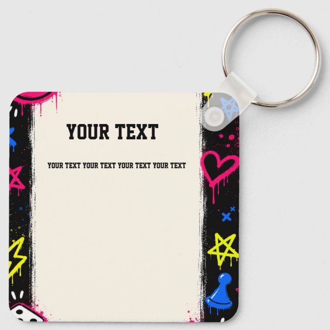 Bold Neon Graffiti Game Night Square Keychain (Back)