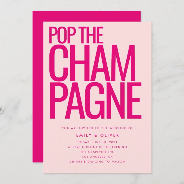 Bold Neon Pink Pop the Champagne Modern Wedding Invitation (Front/Back)