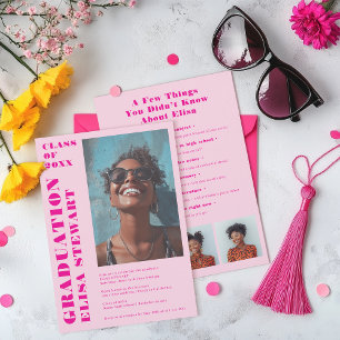 Bold Neon Retro Pink Modern 4 photos Graduation Invitation