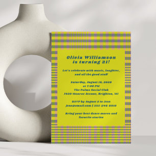 Bold Neon Yellow Plaid Fun 21st Birthday Party Invitation