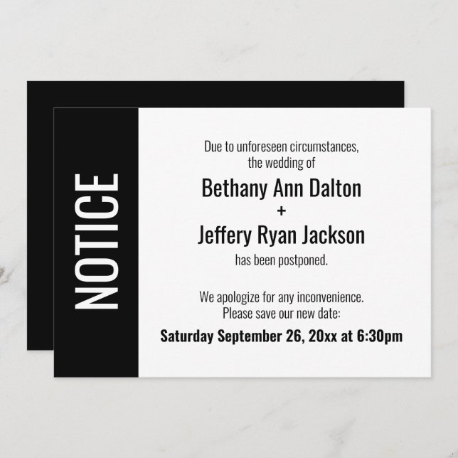 Bold Notice, Postponed Wedding Announcement (Front/Back)