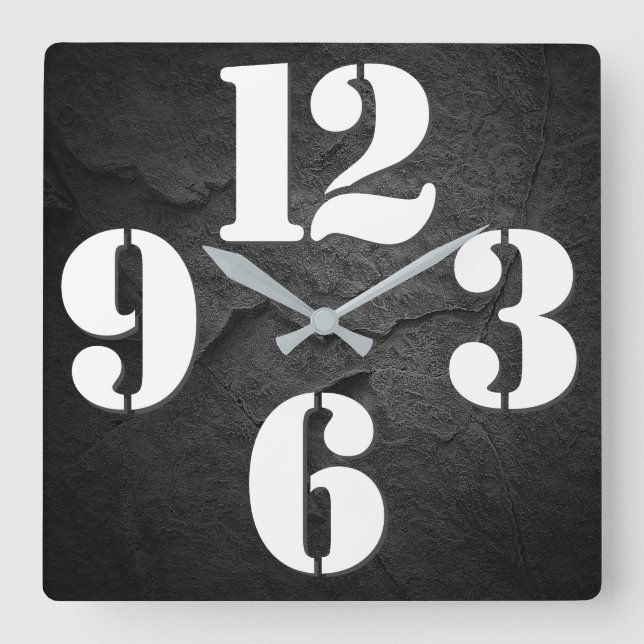 Bold Number Face On Black Rock Square Wall Clock (Front)