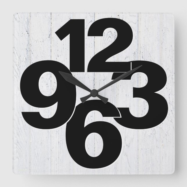 Bold Number Face On Whitewashed Wood Square Wall Clock (Front)