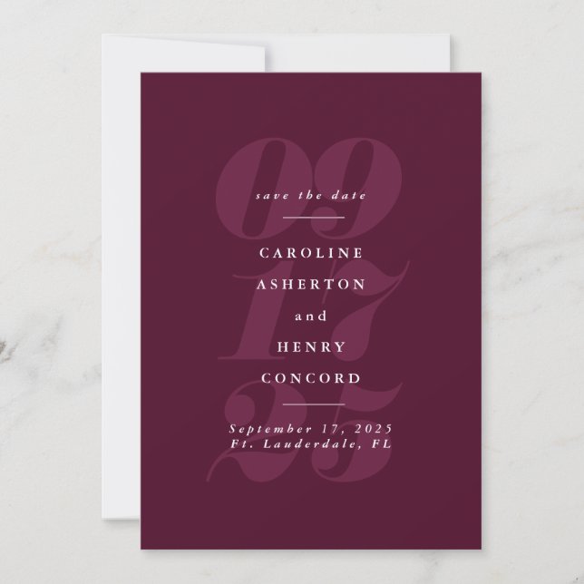 Bold numbers modern burgundy save the date (Front)