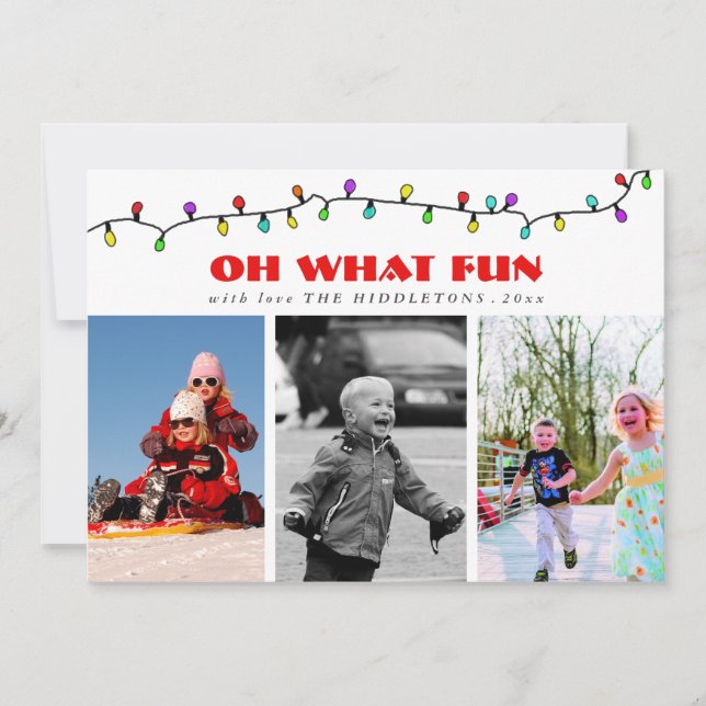 Bold Oh What Fun Red Script Three Photo Holiday Card (Front)