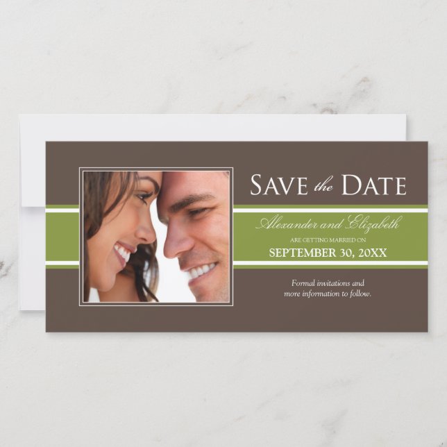Bold Olive Green Stripe Save the Date Announcement (Front)