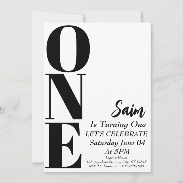 Bold ONE 1st Birthday Black and White 1st Birthday Invitation (Front)