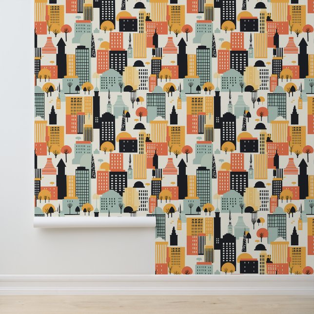 Bold Orange and Mint Green City Building Pattern  Wallpaper (Application)