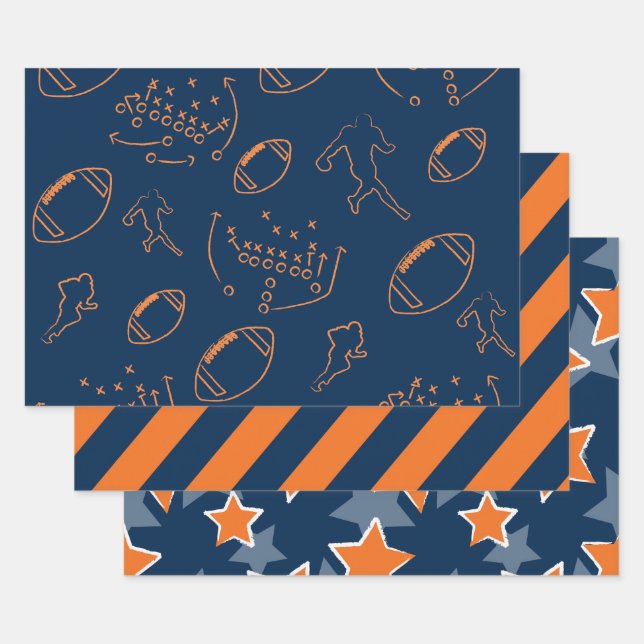 Bold Orange and Navy Blue Stars and Footballs Wrapping Paper Sheet (Set)