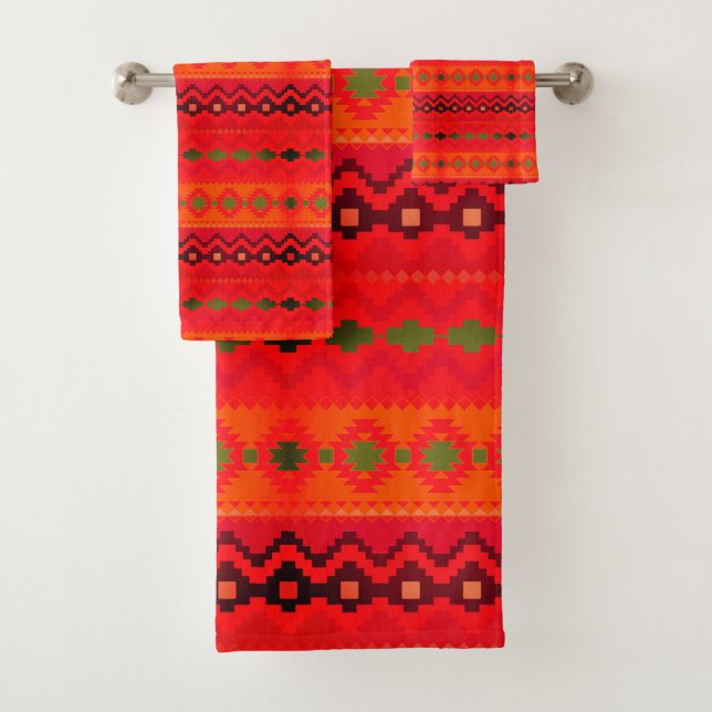 Bold orange aztec pattern bath towel set (Insitu)