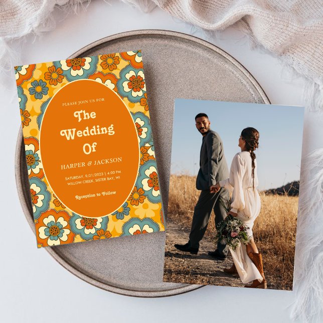 Bold Orange Flowers Retro 70s Photo Wedding Invitation (Creator Uploaded)