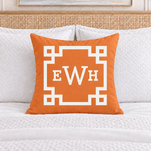 Bold Orange Greek Key Monogram Initial Cushion