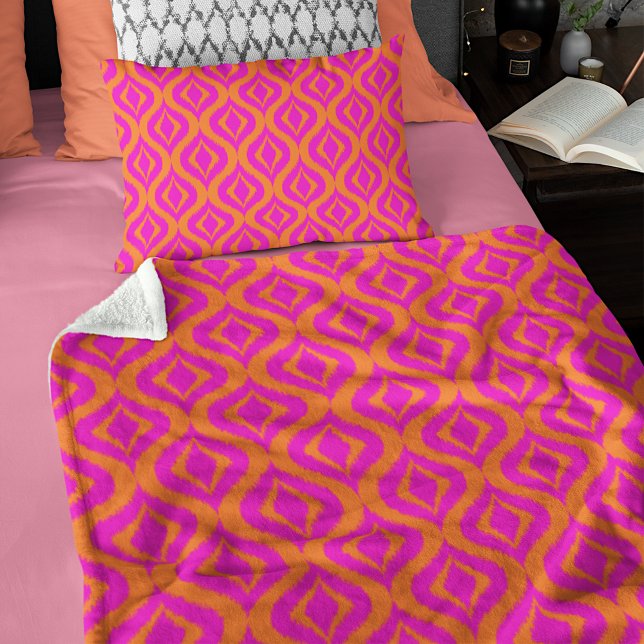 Bold Orange Hot Pink Summer Ikat Ogee Art Pattern Fleece Blanket (Creator Uploaded)