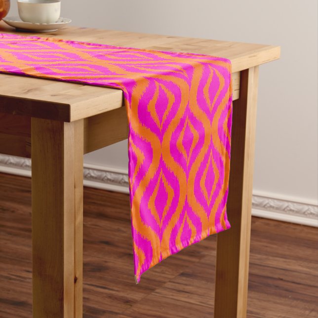 Bold Orange Hot Pink Summer Ikat Ogee Art Pattern Short Table Runner (In Situ)