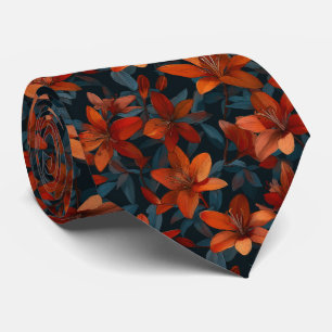 Bold Orange Lily Floral Pattern on Dark Tie